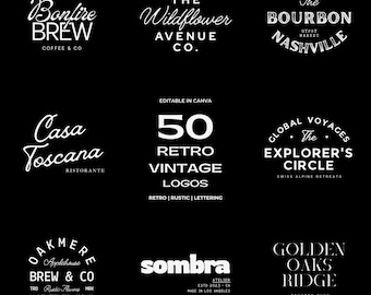 50 Premade Retro Logo,  Editable Minimal Logo for Small Business, Vintage Logo, Retro Textured, Business Logo, Canva DIY Template