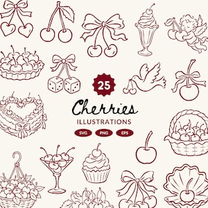 May include: A set of 25 cherry illustrations in a line art style. The images include cherries with bows, in baskets, on a cake, and in a martini glass. The word "Cherries" is written in a script font, with "Illustrations" below.