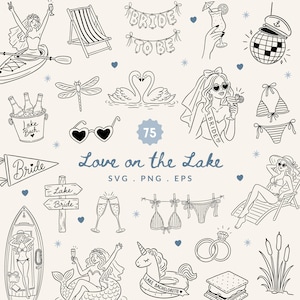 May include: A collection of black and white line art illustrations featuring a bride, a kayak, a disco ball, swans, a bikini, champagne glasses, a unicorn float, and s'mores. The text reads Love on the Lake, Bride to Be, and Lake Bach.
