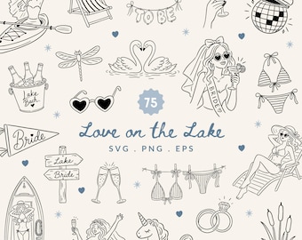 75 Hand Drawn Love on the Lake Clipart Bundle | Lake Bachelorette SVG , PNG & EPS | Lake Life Lake Camping Weekend Doodles For Invitations