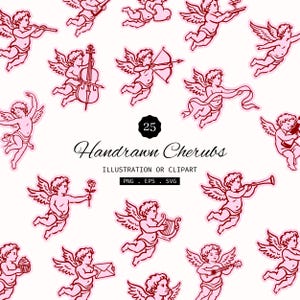 Puede incluir: Patrón de ilustraciones de querubines rosas sobre fondo blanco. Los querubines se representan en varias poses, algunos tocando instrumentos, sosteniendo flores o llevando arcos y flechas. También está presente el texto "Handrawn Cherubs".