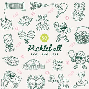May include: A collection of dark green line art illustrations featuring pickleball themes, including paddles, balls, nets, a clubhouse, and anthropomorphic pickle characters. Text includes 50, Pickleball, SVG, PNG, EPS, and Paddle. Play. Repeat.