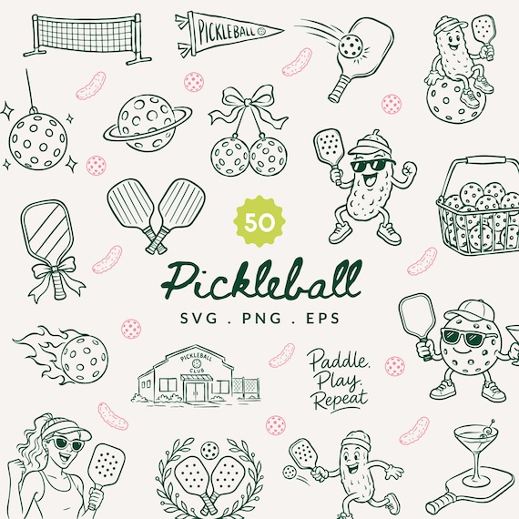 50 Pickleball Clipart Bundle | Pickleball Illustration SVG , PNG & EPS | Pickleball Mascot , Paddle Line Art Graphics | Sports