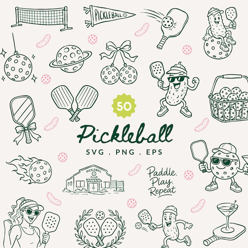 K&ouml;nnte beinhalten: Eine Sammlung dunkelgr&uuml;ner Strichzeichnungen zum Thema Pickleball, darunter Schl&auml;ger, B&auml;lle, Netze, ein Clubhaus und anthropomorphe Gew&uuml;rzgurken. Der Text enth&auml;lt 50, Pickleball, SVG, PNG, EPS sowie Paddle. Play. Repeat.