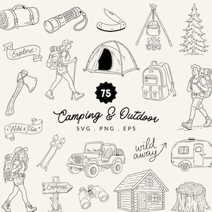 75 Hand Drawn Camping Clipart Bundle | Camping and Outdoor Illustrations SVG, PNG & EPS |  Cabin Party, Camping, Wilderness Graphics