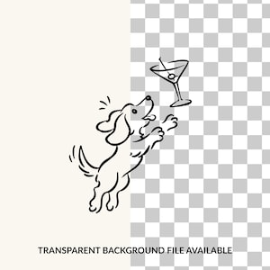 May include: A black and white line drawing of a small dog jumping up toward a martini glass with an olive. The dog has floppy ears, a wagging tail, and an open mouth. The illustration is presented on a split background with a solid color and a grid.