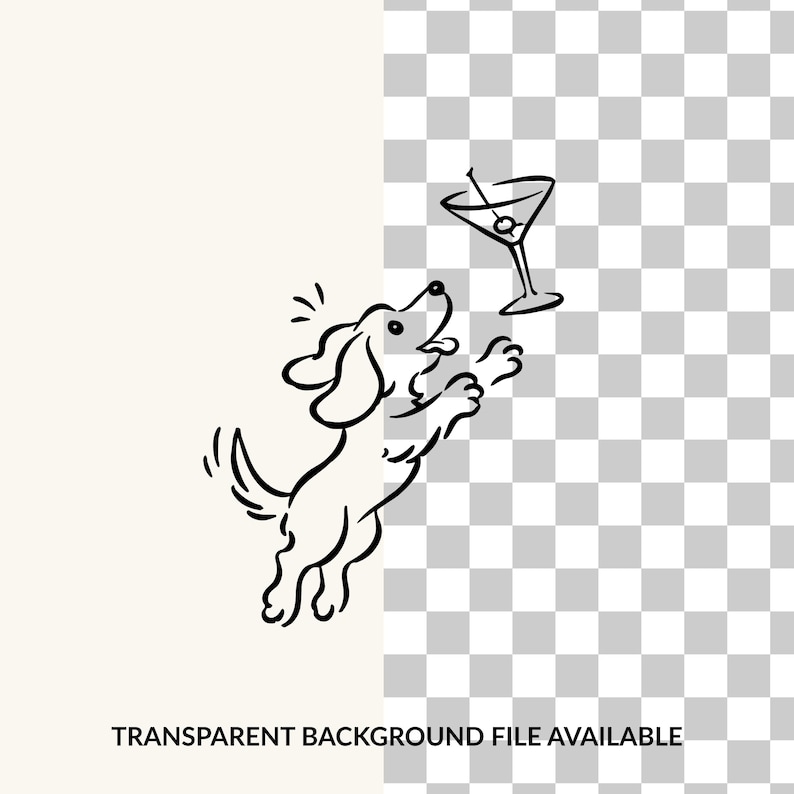 May include: A black and white line drawing of a small dog jumping up toward a martini glass with an olive. The dog has floppy ears, a wagging tail, and an open mouth. The illustration is presented on a split background with a solid color and a grid.