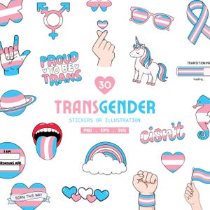 Może przedstawiać: Zbiór naklejek i ilustracji z symbolami dumy osób transpłciowych. Projekty obejmują serca, jednorożca, tęczę, planetę oraz tekst „Proud to be Trans” i „Transgender”. Schemat kolorów to różowy, niebieski i biały.