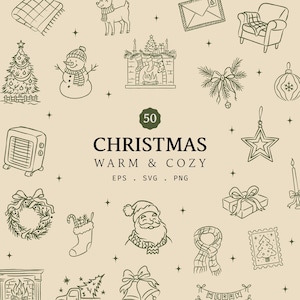 50 färdiga, nyckfulla julillustrationer | Jullinjekonst SVG-paket | Julhelg Clipart | Julklotter