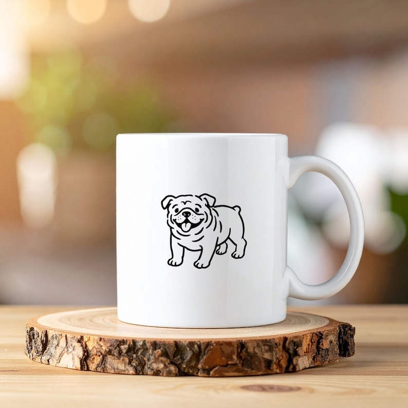 Op de afbeelding: Witte keramische mok met een zwarte lijntekening van een lachende bulldog. De mok heeft een gebogen handvat en staat op een ronde houten onderzetter. De achtergrond is vervaagd met natuurlijk licht.