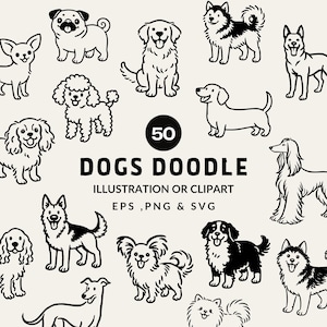Könnte beinhalten: Schwarz-Weiß-Illustrationen verschiedener Hunderassen, darunter Mops und Pudel. Das Bild enthält den Text "DOGS DOODLE" und "ILLUSTRATION OR CLIPART".