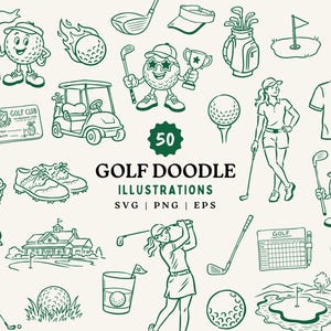 Op de afbeelding: Een verzameling van 50 groene lijntekeningen met golf-doodles, waaronder golfballen, clubs, tassen, karretjes, scorekaarten, spelers en baanelementen. De tekst 50 GOLF DOODLE ILLUSTRATIONS SVG | PNG | EPS staat gecentreerd in het midden.