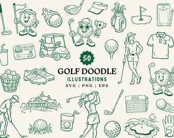50 Golf-Cliparts im Paket | Golfillustrationen (SVG, PNG & EPS) | Golfwagen-, Schläger- und Ball-Doodles