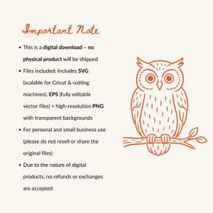May include: A digital download listing featuring an orange line art illustration of an owl perched on a branch. The text reads Important Note, This is a digital download, Files included: Includes SVG, EPS, and high-resolution PNG with transparent backgrounds.