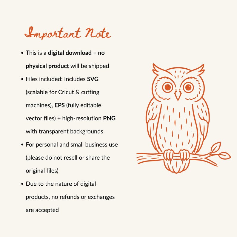 May include: A digital download listing featuring an orange line art illustration of an owl perched on a branch. The text reads Important Note, This is a digital download, Files included: Includes SVG, EPS, and high-resolution PNG with transparent backgrounds.