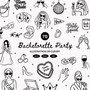 Puede incluir: Ilustración en blanco y negro con varios gráficos temáticos de despedida de soltera. Incluye texto que dice "Bachelorette Party" y "Team Bride". También presenta imágenes de copas de champán, anillos y un tacón alto.