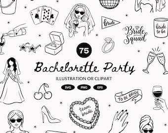 75 Bachelorette Party Clipart | Whimsical Bachelorette Illustrations SVG, PNG & EPS | Girls Night Doodle | Bride Tribe Icons