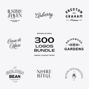 May include: Nine black logos on a white backdrop, showcasing diverse text designs. The logos include business names and phrases such as "300 LOGOS BUNDLE" and "EDITABLE IN CANVA". The overall style is minimal, elegant, and retro, suitable for branding.