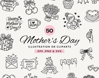May include: A collection of 50 black and white Mother's Day illustrations and cliparts. The image includes various designs such as flowers, hearts, gifts, and text like "Happy Mother's Day" and "Best Mom". The designs are available in EPS, PNG, and SVG formats.