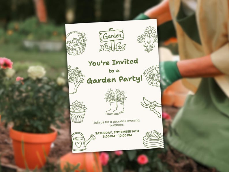 May include: A white rectangular garden party invitation card featuring green line art illustrations of a basket, garden sign, flowers, watering can, seed packets, boots, shears, and a hose. Text reads: You're Invited to a Garden Party! Join us for a beautiful evening outdoors, Saturday, September 14th, 6:00 PM &ndash; 10:00 PM.