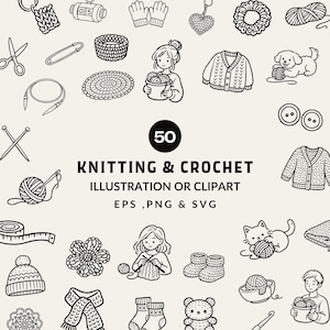 Op de afbeelding: Zwart-wit illustraties van brei- en haakartikelen, waaronder bollen wol, naalden, scharen en afgewerkte kledingstukken. De tekst luidt "KNITTING & CROCHET ILLUSTRATION OR CLIPART".