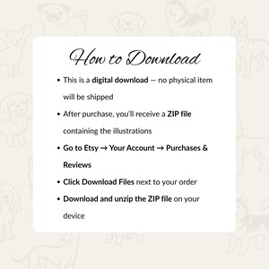 Op de afbeelding: Witte kaart met de tekst "How to Download" en instructies voor het downloaden van een digitaal bestand van Etsy. De stappen omvatten het ontvangen van een ZIP-bestand en het uitpakken ervan. De achtergrond heeft hondenillustraties.