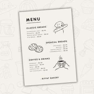 Puede incluir: Men&uacute; en blanco y negro de Riffat Bakery. Presenta panes cl&aacute;sicos y especiales, caf&eacute; y bebidas. Las ilustraciones incluyen un perro con una baguette, galletas y una persona sosteniendo una taza de caf&eacute;.
