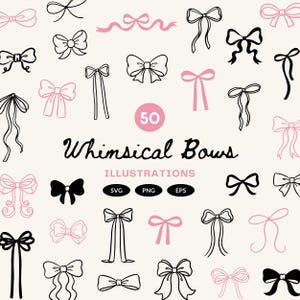 Op de afbeelding: Een verzameling grillige strikillustraties in zwart en roze, met de tekst "Whimsical Bows" en "50" in een roze cirkel. De illustraties bevatten verschillende strikdesigns, met SVG-, PNG- en EPS-bestandsformaten.