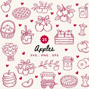25 Apple Clipart Bundle | Apple Illustrations SVG , PNG & EPS | Apple Orchard Line Art Icon | Fruit Vector Bundle | Whimsical Food Doodles