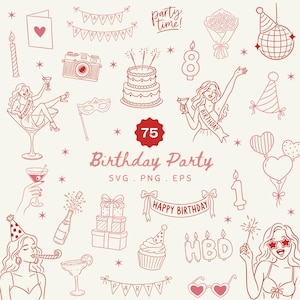 Op de afbeelding: Een verzameling rode lijntekeningen voor een verjaardagsfeest, inclusief een taart, cadeaus, ballonnen, feesthoedjes, cocktails, sterretjes en mensen met verjaardagssjerpen. De tekst luidt 75 Birthday Party SVG PNG EPS.