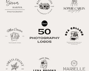 Pode incluir: Uma coleção de 50 logotipos de fotografia em preto e branco. Os logotipos apresentam vários designs, incluindo câmeras, elementos florais e texto estilizado. A palavra "Canva" está no topo, e o texto "50 PHOTOGRAPHY LOGOS" está no centro.