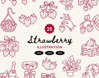 25 Hand Drawn Strawberry Clipart Bundle | Strawberry Illustration SVG , PNG & EPS | Whimsical Fruit Doodles | Summer Illustration