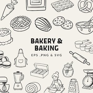 Puede incluir: Ilustraci&oacute;n en blanco y negro con varios elementos de panader&iacute;a y reposter&iacute;a. Incluye una tarta, galletas, un pastel, un rodillo, un batidor, tazas medidoras y el texto "BAKERY & BAKING".