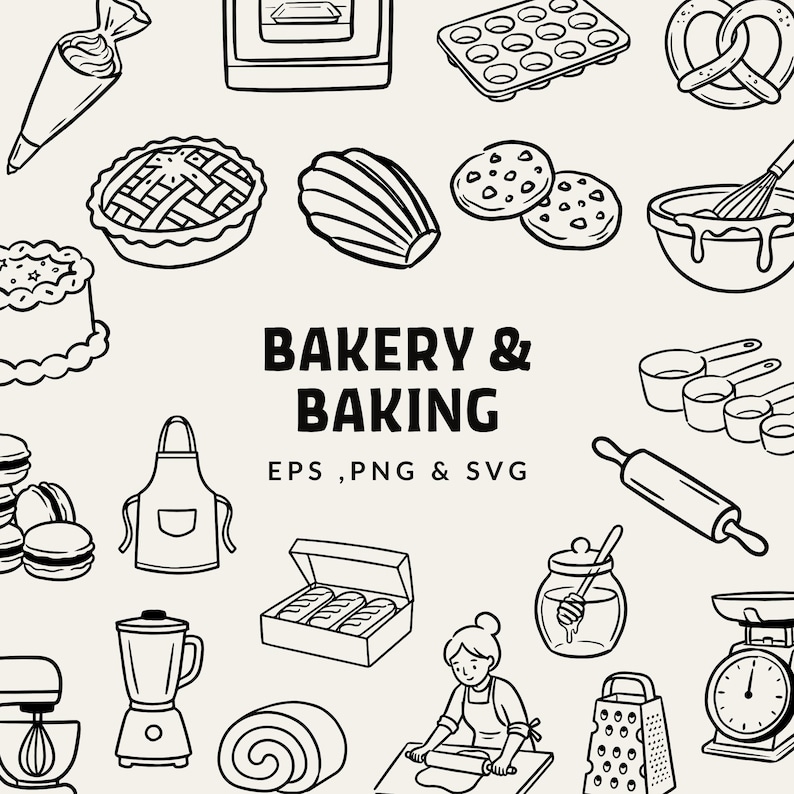 Puede incluir: Ilustraci&oacute;n en blanco y negro con varios elementos de panader&iacute;a y reposter&iacute;a. Incluye una tarta, galletas, un pastel, un rodillo, un batidor, tazas medidoras y el texto "BAKERY & BAKING".