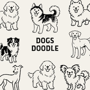 Bundel met 50 hondenclipartafbeeldingen | Illustraties van hondenrassen in SVG, PNG en EPS-formaat | Hondenpictogrammen (doodle) | Illustraties voor huisdierverzorging | Hondenliefhebbers afbeelding 7