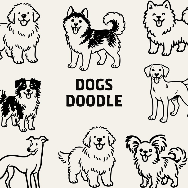 Bundel met 50 hondenclipartafbeeldingen | Illustraties van hondenrassen in SVG, PNG en EPS-formaat | Hondenpictogrammen (doodle) | Illustraties voor huisdierverzorging | Hondenliefhebbers afbeelding 7