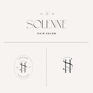 May include: A minimalist logo design for a hair salon. The word "SOLENNE" is displayed in an elegant serif font above "HAIR SALON". The logo also includes a circular emblem with the initials "SH" and the years "20" and "25".