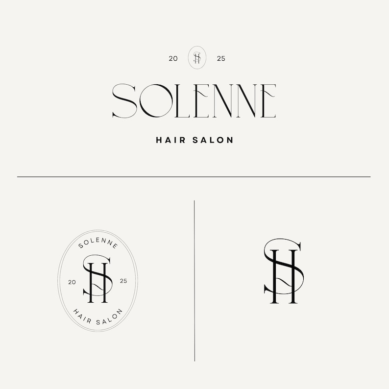 May include: A minimalist logo design for a hair salon. The word "SOLENNE" is displayed in an elegant serif font above "HAIR SALON". The logo also includes a circular emblem with the initials "SH" and the years "20" and "25".