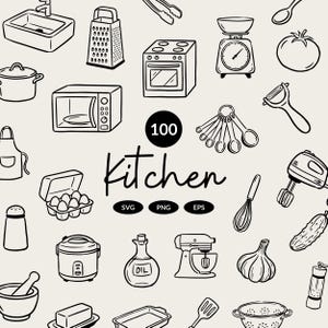 Puede incluir: Ilustración en blanco y negro de varios utensilios y electrodomésticos de cocina, como un horno, un microondas y una balanza. La palabra "Kitchen" está escrita en cursiva, con el número "100" encima. Debajo están las letras "SVG", "PNG" y "EPS".