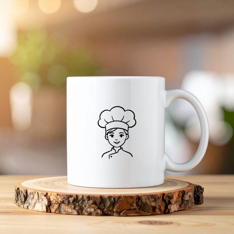 Puede incluir: Taza de cer&aacute;mica blanca con un dibujo lineal negro de un chef con gorro de cocinero y uniforme. La taza tiene un asa curva y est&aacute; sobre un posavasos de madera. El fondo est&aacute; borroso con luz natural.