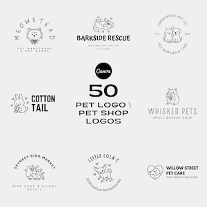 May include: A collection of 50 pet shop logos in black and white. The logos feature various animals, including cats, dogs, rabbits, hamsters, birds, and a chihuahua. Text includes "Meowstead", "Barkside Rescue", "Cotton Tail", and "Whisker Pets".