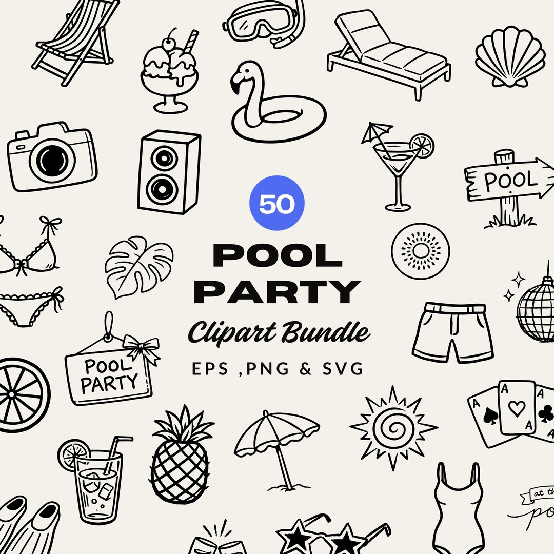 50 Hand Drawn Pool Party Clipart Bundle | Summer Pool Party ...