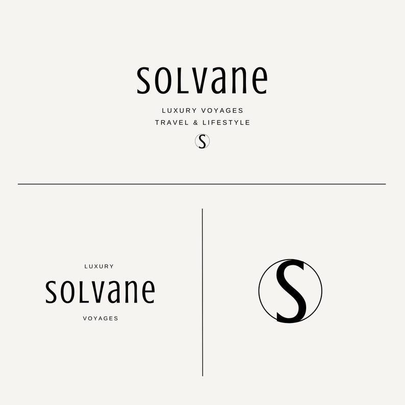 May include: A minimalist logo design for "Solvane" featuring the brand name in a sans-serif font, with the tagline "Luxury Voyages Travel & Lifestyle." The logo includes a circular "S" icon. The design is in black on a cream background.