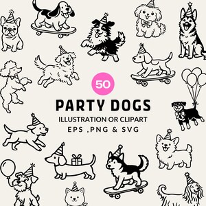 Paquete de 50 imágenes prediseñadas de perros de fiesta / Ilustración de perros de celebración en formato SVG, PNG y EPS / Dibujos de perros de razas para fiestas de cumpleaños / Amante de los perros