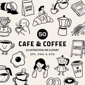 Paquete de 50 ilustraciones de café dibujadas a mano / Imágenes prediseñadas de cafetería en formato SVG, PNG y EPS / Garabatos de cafetería acogedoras / Gráficos de cafetería / Iconos de barista