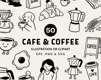 50 Hand Drawn Coffee Illustrations Bundle | Coffee Shop Clipart SVG, PNG & EPS | Cozy Cafe Doodle | Coffee Shop Graphics | Barista Icons