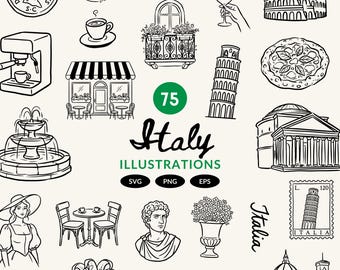 May include: Black and white illustrations of Italian landmarks and food, including the Colosseum, Leaning Tower of Pisa, pizza, pasta, and a coffee shop. The text "Italy Illustrations" is also present, along with the number 75.