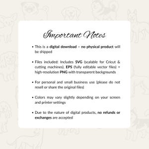 Op de afbeelding: Een witte vierkant met de tekst "Important Notes" in een scriptlettertype. De tekst geeft details over een digitale download, inclusief bestandstypen (SVG, EPS, PNG), gebruiksrechten en restitutiebeleid. De achtergrond heeft een patroon van honden silhouetten.