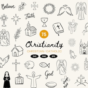 May include: A collection of 75 black and white Christian-themed illustrations, including crosses, angels, churches, and religious symbols. The word "Christianity" is prominently displayed, along with "Christian/Catholic" and file type icons.