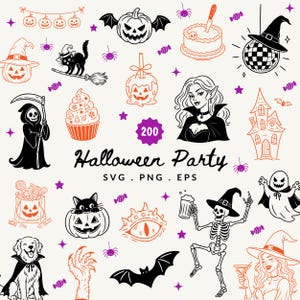 May include: A digital collection of 200 Halloween party graphics in SVG, PNG, and EPS formats. The set features black and orange line art illustrations including pumpkins, a grim reaper, a vampire, a skeleton, a haunted house, and sweets.